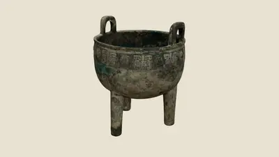 商代晚期青铜圆鼎的三维扫描渲染图，双立耳、垂腹、三柱足